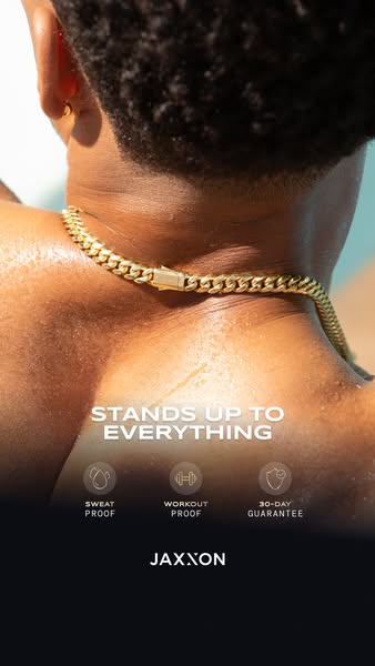 An image of a gold chain worn by a black male with text highlighting features of the product.