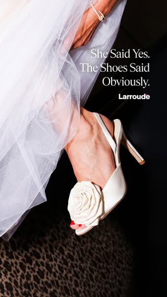 An image ad for Larrroude shoes featuring a bride. The ad shows the bride's foot in the Larrroude shoe next to her w