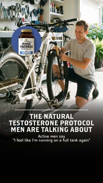 This image ad promotes a natural testosterone supplement, 'Whole Package', highlighting its benefits for active 