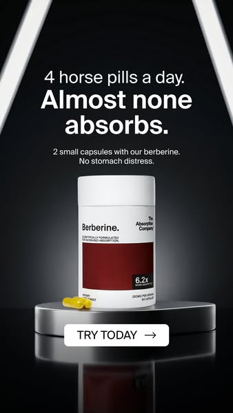 The ad highlights the improved absorption of berberine supplements compared to standard berberine pills. The ad uses a c
