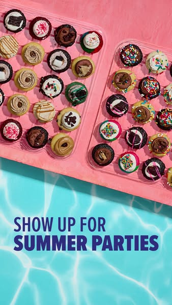 This image ad showcases a variety of cupcakes on pink trays against a backdrop of water, promoting the idea of bringing 