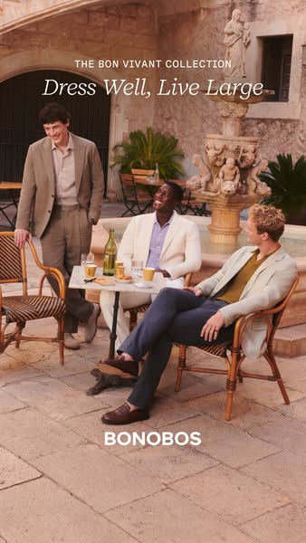 This image ad for Bonobos' "The Bon Vivant Collection" features three men dressed in stylish, light-colore