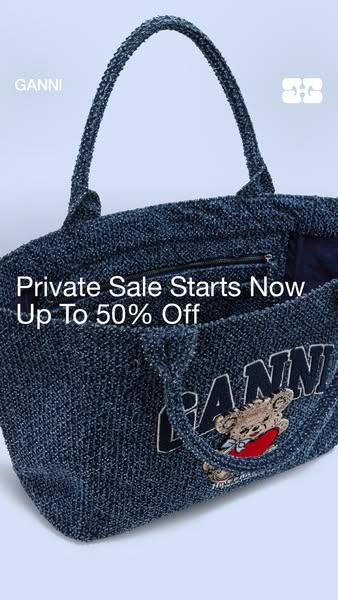 This image ad by Ganni promotes a private sale offering up to 50% off. The ad features a close-up shot of a blue, textur