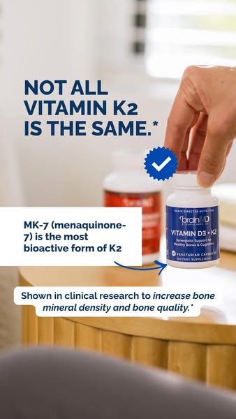 This ad is highlighting the benefits of BrainMD Vitamin D3 + K2 supplement. It emphasizes that not all Vitamin K2 is the