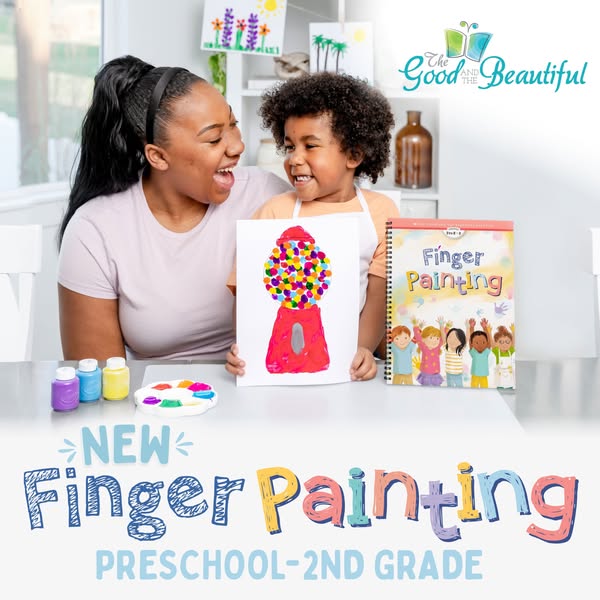 This image ad promotes the finger painting kit from The Good and the Beautiful, and shows a mother and child enjoying us