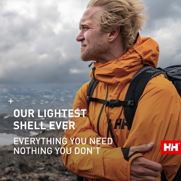 This image ad highlights the brand's lightest shell and positions it as a minimalist essential for outdoor activitie