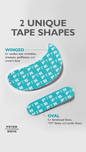 An ad showcasing Peter Thomas Roth's PTR Skin Tape, highlighting its two unique shapes designed to address wrinkles 