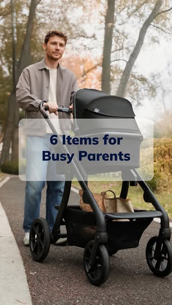 This image ad features a man pushing a stroller with the text overlay "6 Items for Busy Parents".