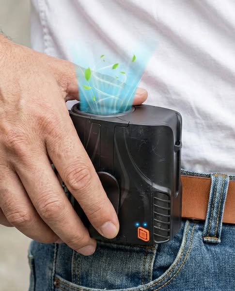 The ad showcases a portable personal fan clipped to a man's jeans, demonstrating its compact design and highlighting