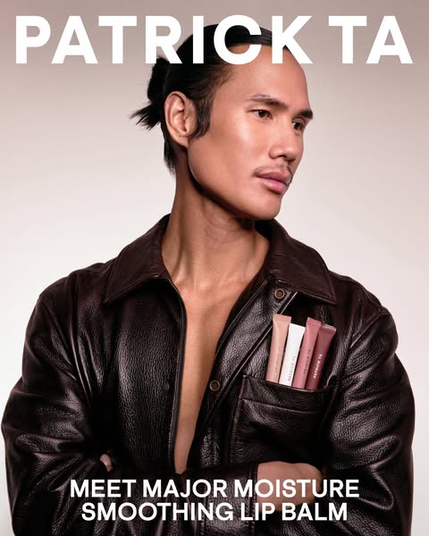 An image ad features a male model wearing a leather jacket with several lip balms in his pocket. The ad focuses on moist