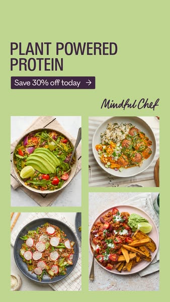This is an image ad for Mindful Chef that features four different plant-based meal options. The ad highlights a 30% disc