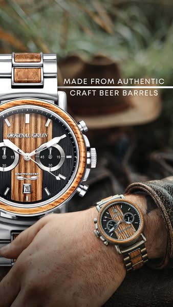 This ad features a close-up shot of the Original Grain Brewmaster watch, emphasizing its craftsmanship and unique constr