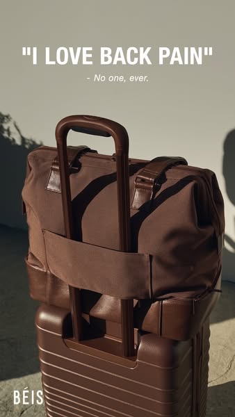 This ad highlights the problem of back pain caused by travel bags and positions BÉIS as the solution.