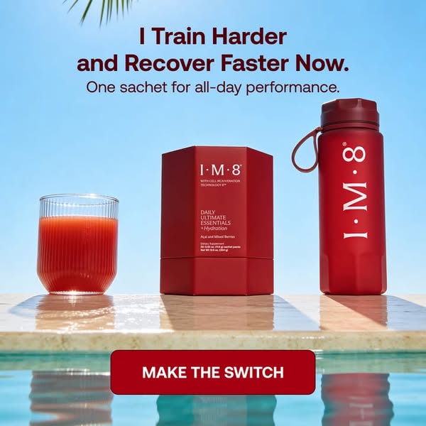 This image ad showcases I-M-8's Daily Ultimate Essentials + Hydration product with a lifestyle shot on a patio with 