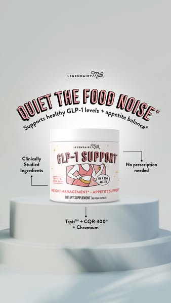 Image ad for Legendairy Milk GLP-1 Support, which supports healthy GLP-1 levels and appetite balance. The ad is designed