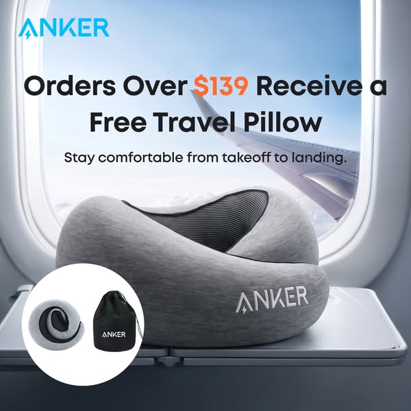 This ad promotes Anker's travel pillow by highlighting a limited time offer of a free travel pillow with orders over
