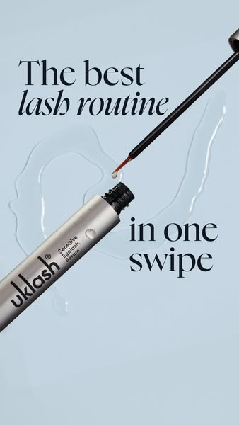 This image ad features the UKLASH Sensitive Eyelash Serum, touting it as 'The best lash routine in one swipe.' T