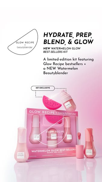 This image ad is for the Glow Recipe x beautyblender limited-edition kit featuring Glow Recipe bestsellers + a NEW Water