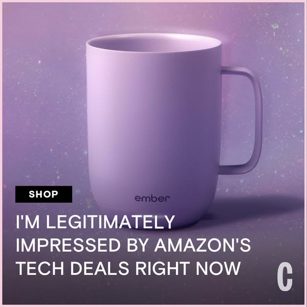This ad features a testimonial praising Amazon's tech deals, showcased against a backdrop featuring an Ember mug.