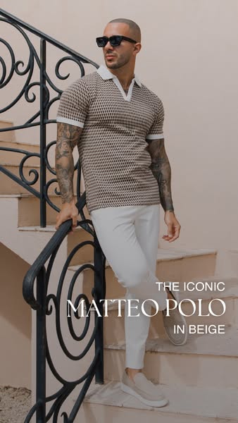 This ad promotes a polo shirt, specifically the 'Matteo Polo' in beige. The image features a male model on stair