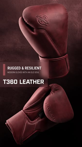 An advertisement showcasing the T360 leather boxing gloves by Hayabusa. The ad highlights the gloves' rugged and res