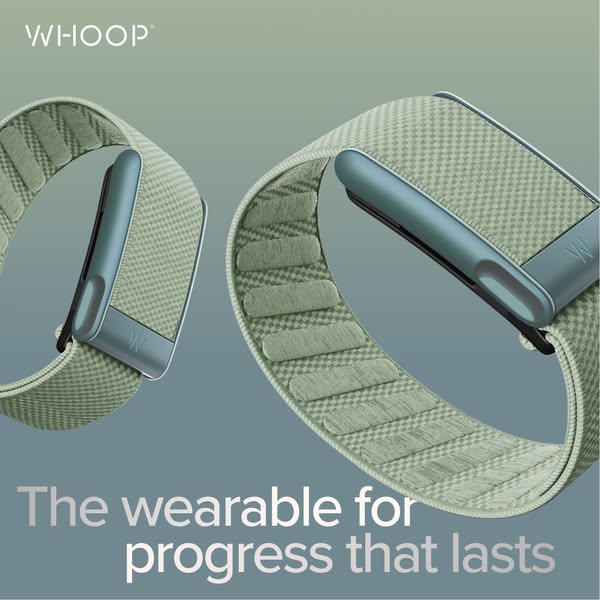 This ad promotes WHOOP as a wearable device for achieving lasting progress. The image focuses on a close-up of the band,