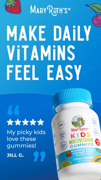 This ad showcases Mary Ruth's Kids Multivitamin Gummies. It emphasizes the ease of incorporating daily vitamins into
