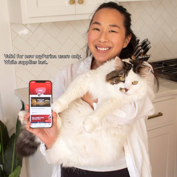 An image ad featuring a smiling woman holding a white cat and her phone, which displays the Purina app. The ad targets n