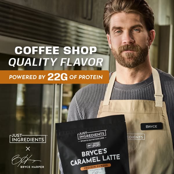 This ad features baseball player Bryce Harper endorsing Just Ingredients' Bryce's Caramel Latte protein powder. 