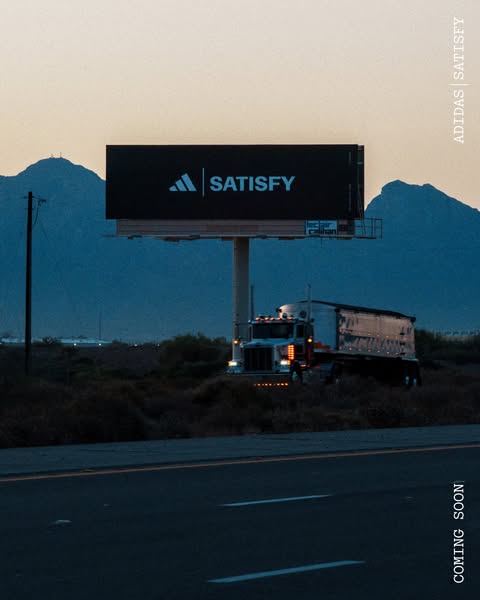 This image announces the collaboration between Adidas and Satisfy, hinting at a future partnership in athletic apparel.