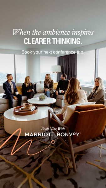 This image ad for Marriott Bonvoy showcases a group of professionals in a luxurious hotel suite, emphasizing the clear t