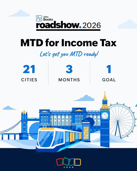 This ad promotes the Zoho Books Roadshow 2026, highlighting its reach across 21 cities over 3 months, with the goal of p