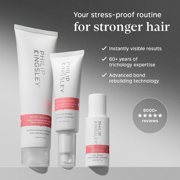 This ad features three Philip Kingsley Bond Builder hair products. The ad promises stronger hair using a stress-proof ro