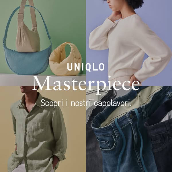 This ad for Uniqlo uses a four-quadrant split screen to showcase a range of products. The top left features handbags, th
