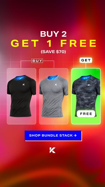 This ad features a product bundle with a Buy 2 Get 1 Free offer on athletic shirts.