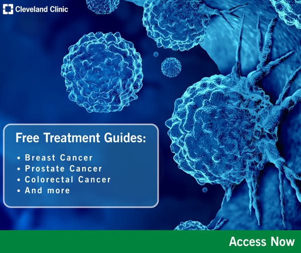 This ad by Cleveland Clinic promotes free treatment guides for various types of cancer, aiming to provide valuable infor