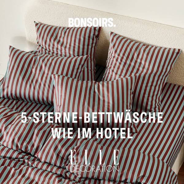 This ad showcases Bonsoirs bedding, emphasizing a luxurious, hotel-like experience. The visual features striped bedding 