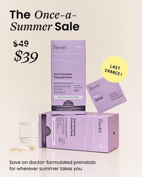 This ad showcases the Perelel 2nd Trimester Prenatal Pack and a summer sale of $39, marked down from $49. The ad emphasi