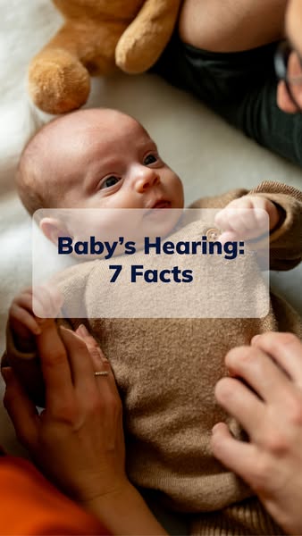 This ad previews a carousel of seven facts about baby's hearing and features a shot of a baby being held by two pare