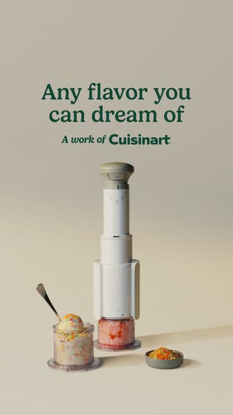 This ad showcases the Cuisinart Chop & Blend in a vertical format. The ad features the product in the center with th