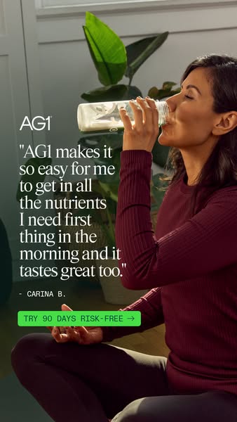 This ad for AG1 features a testimonial from Carina B., who claims the product makes it easy to get the nutrients she nee