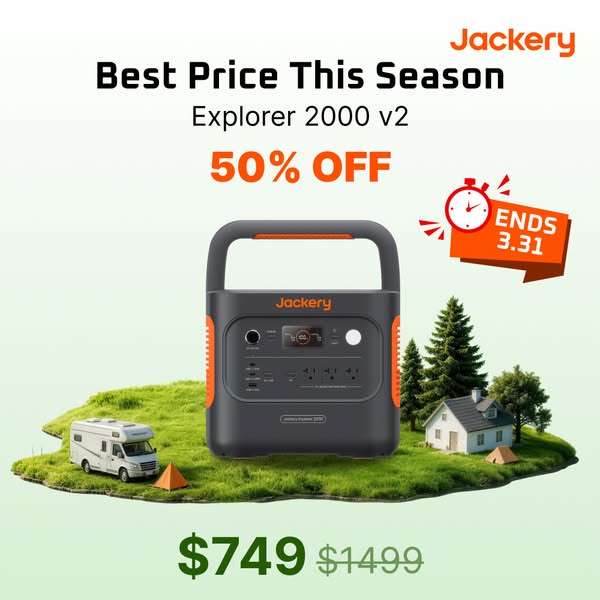 This ad promotes the Jackery Explorer 2000 v2 portable power station, highlighting a limited-time offer of 50% off, brin
