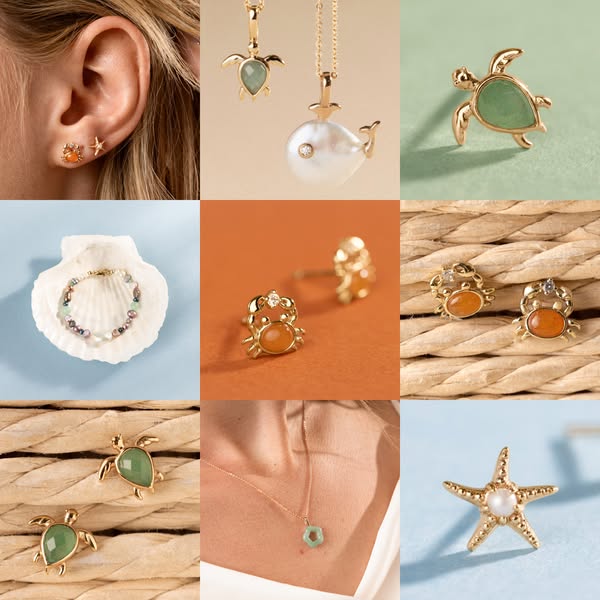 This ad features a gallery of various ocean-themed jewelry, including necklaces, earrings, and a bracelet. Each piece fe
