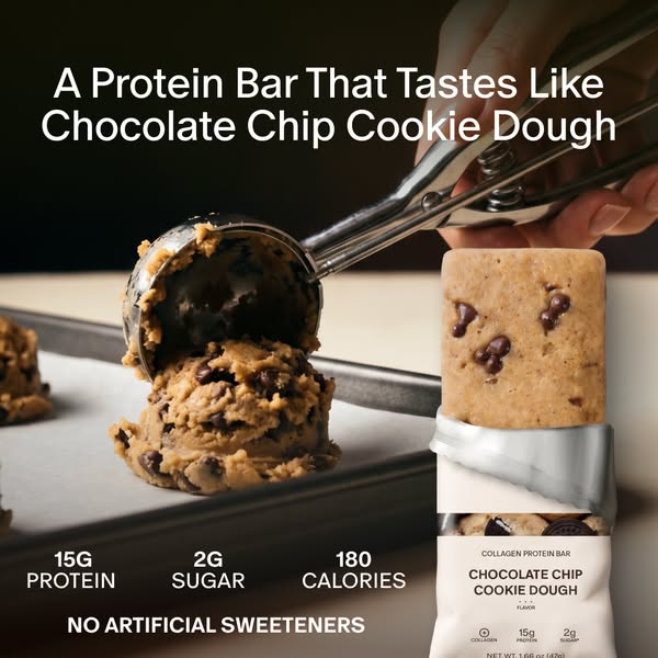 This image ad highlights a protein bar that tastes like chocolate chip cookie dough. The ad features an image of cookie 