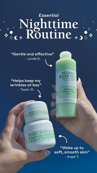 This ad promotes Mario Badescu's essential nighttime skincare routine featuring the Enzyme Cleansing Gel, Glycolic E