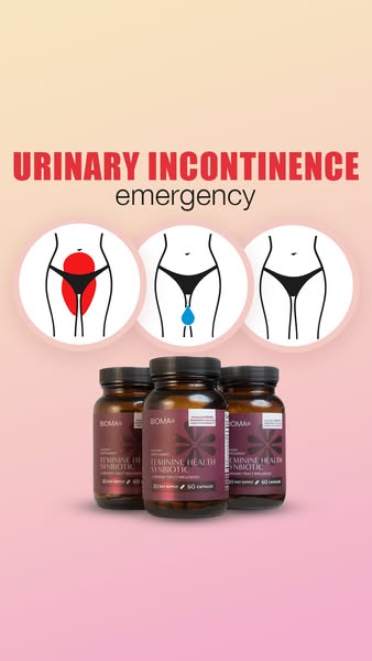 This ad highlights the problem of urinary incontinence and presents Boma Feminine Health Synbiotic as the solution. The 