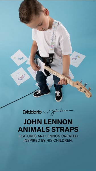This image ad features a young boy with a guitar, advertising the John Lennon Animals Straps from D'Addario. The str