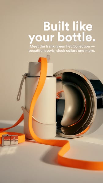 This ad showcases the Frank Green Pet Collection. The product is photographed in a bright, inviting setting to show the 