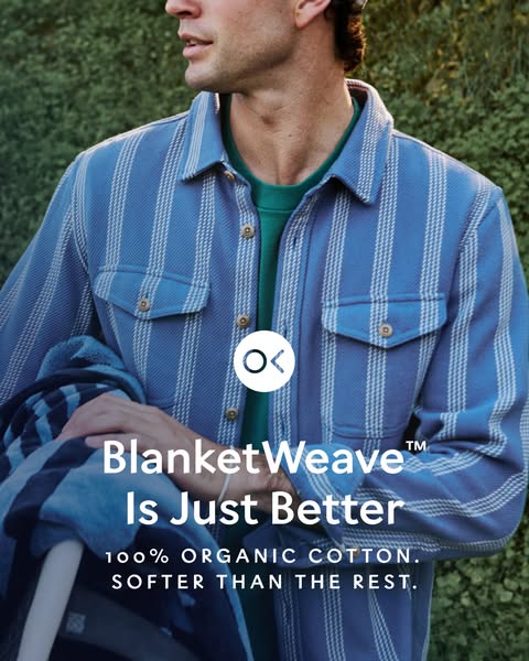 This image ad showcases a BlanketWeave shirt made with 100% organic cotton. The ad focuses on the shirt's comfort an
