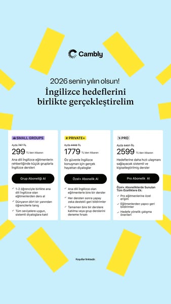 The ad promotes Cambly's English language learning platform by comparing three subscription plans: Small Groups, Pri